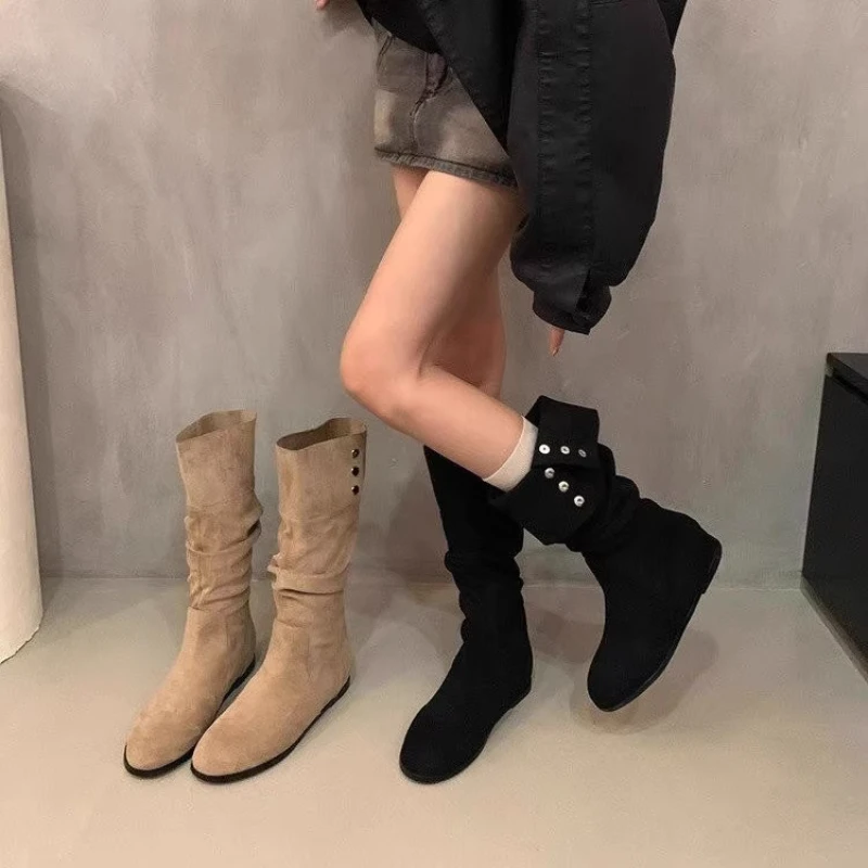 卓诗尼芙妮中筒西部牛仔靴短筒骑士靴复古长筒靴秋季靴子粗跟长靴