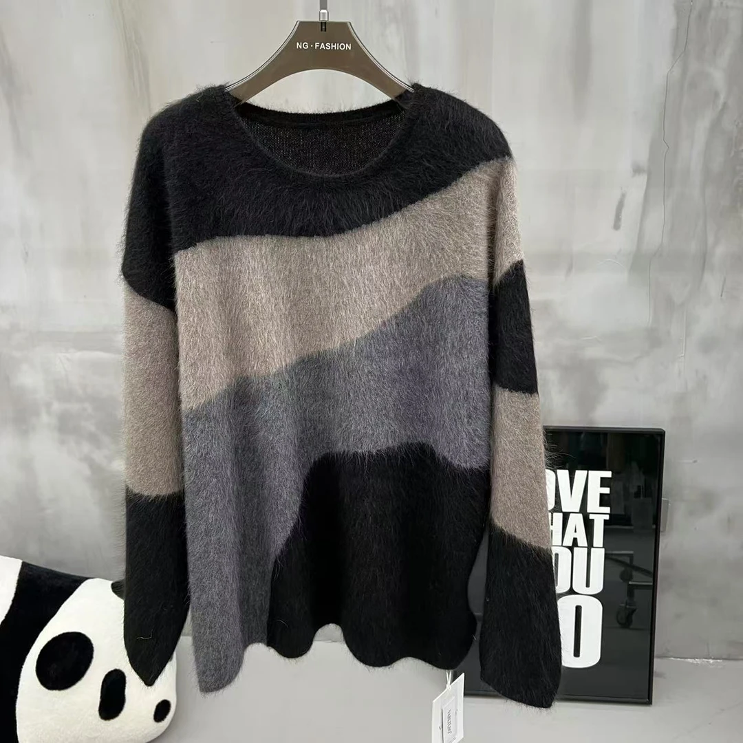 2025新款耗牛绒拉毛工艺女士拼接撞色针织毛衣女021-6615531