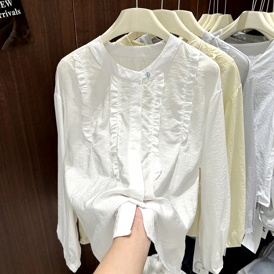 四季青2025春季新款木耳边衬衫女长袖设计感小众休闲百搭衬衣上衣