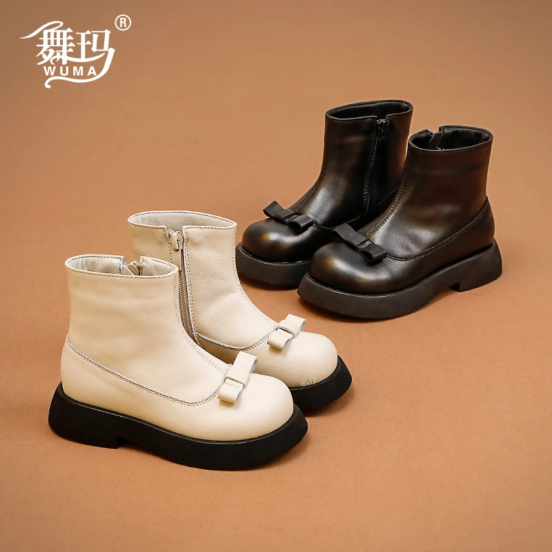 舞玛女童真皮短靴子新款宝宝秋冬季加绒时装二棉鞋234255