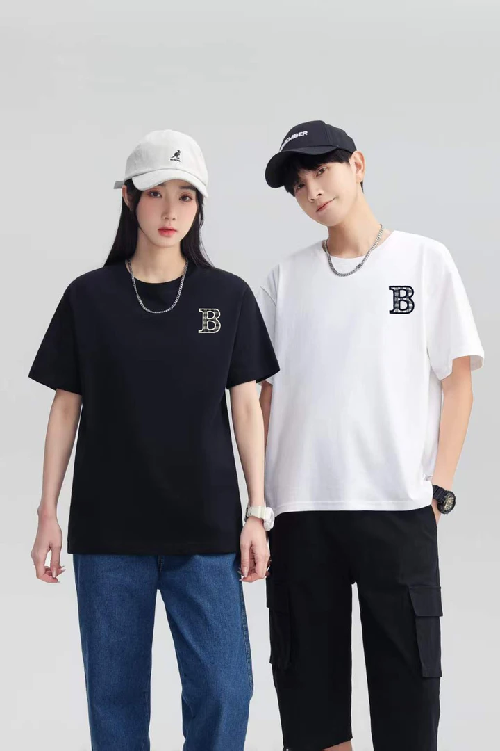 （巴家同款外贸)夏季重磅纯棉刺绣时尚宽松情侣T恤-1刺绣B