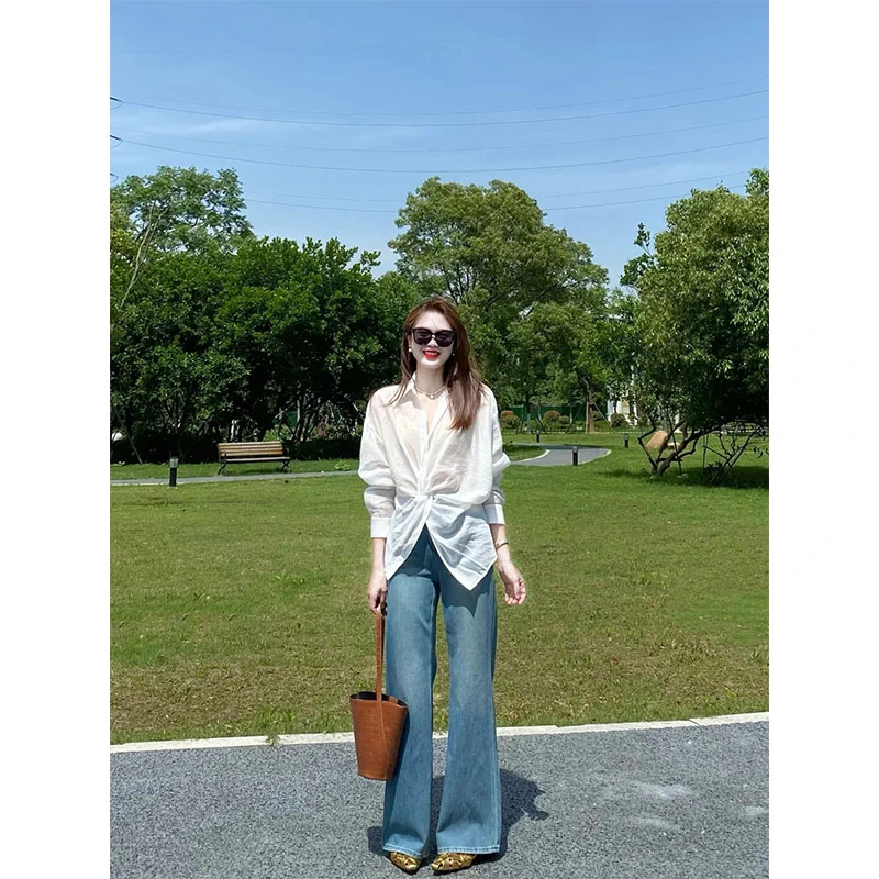 夏季新款简约休闲风收腰百搭防晒长袖白色衬衫高腰休闲直筒牛仔裤