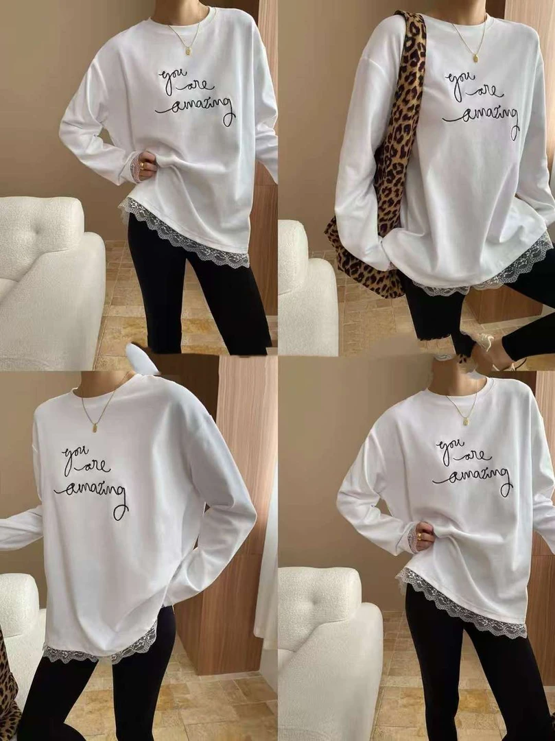 简约圆领蕾丝花边拼接宽松长袖打底衫白色T恤5510