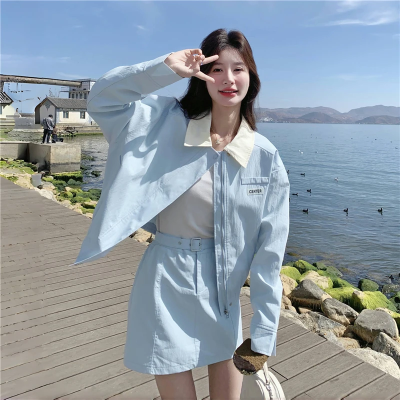 清纯系松弛感穿搭蓝色减龄夹克套装女2025春季新款休闲短裙两件套