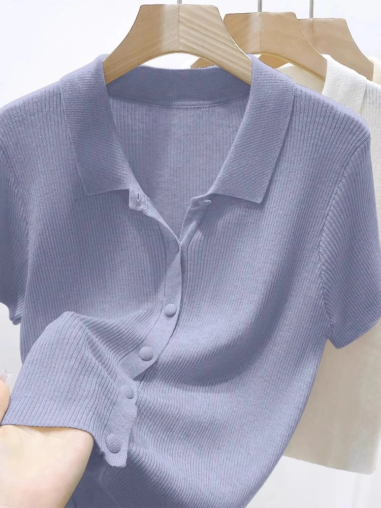 2025夏季新款女熏衣紫薄款宽松显瘦短袖开衫POLO领T恤上衣多巴胺