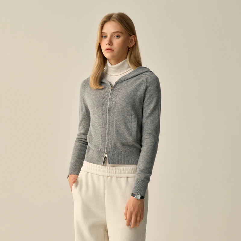 【女装优选WL】Eland衣恋 针织衫女连帽长袖拉链开衫上衣EECKF4VB52