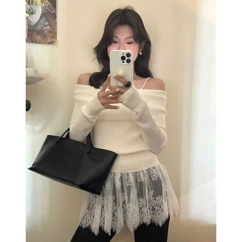 春季法式气质甜美不规则一字肩针织衫女修身显瘦百搭长袖上衣