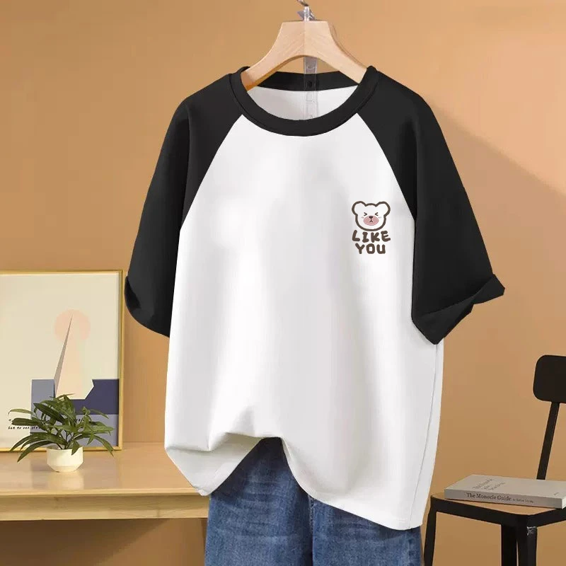 美式复古宽松胖mm大码插肩短袖纯棉圆领t恤女设计感小众显瘦上衣