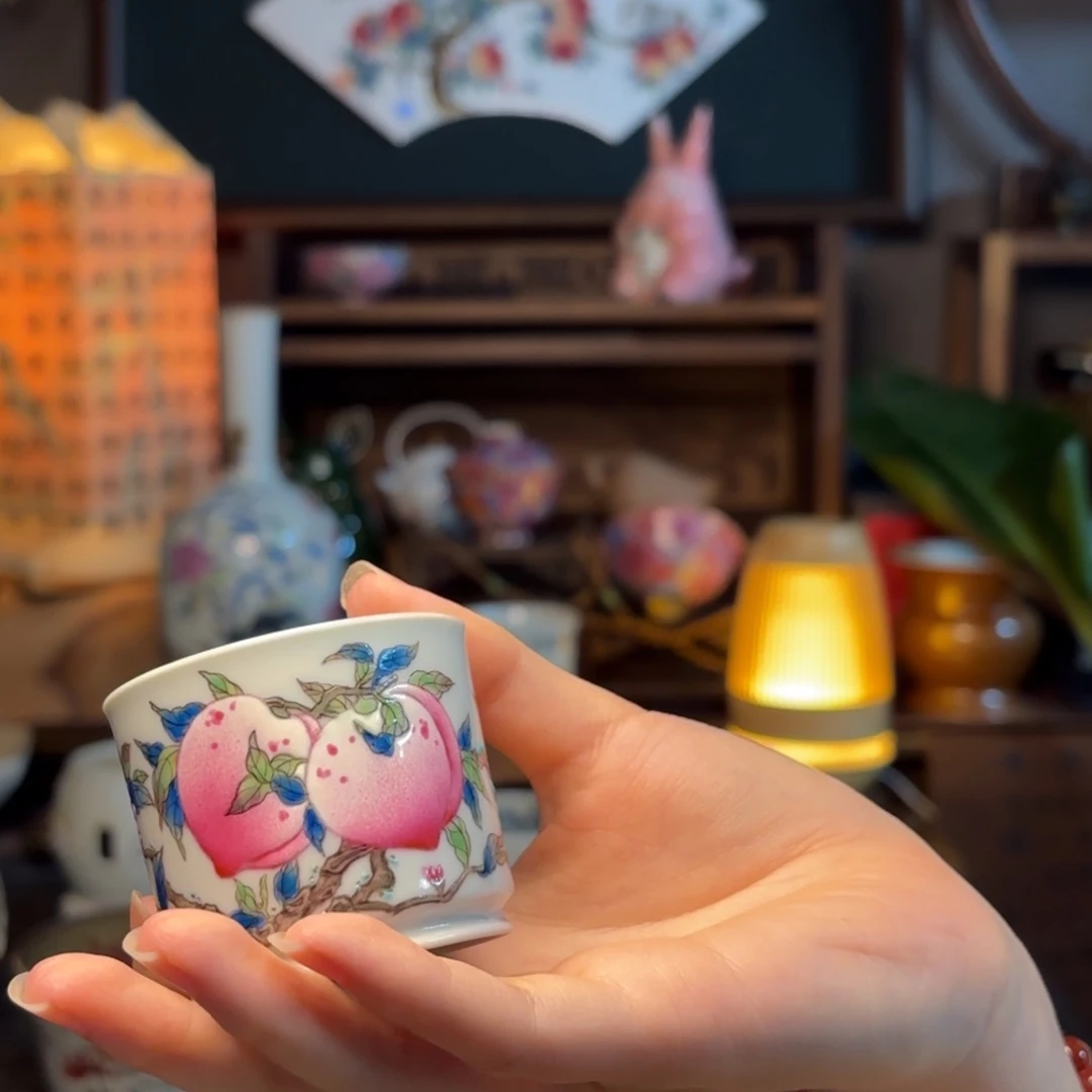 小***菜全手工粉彩寿桃福利小杯