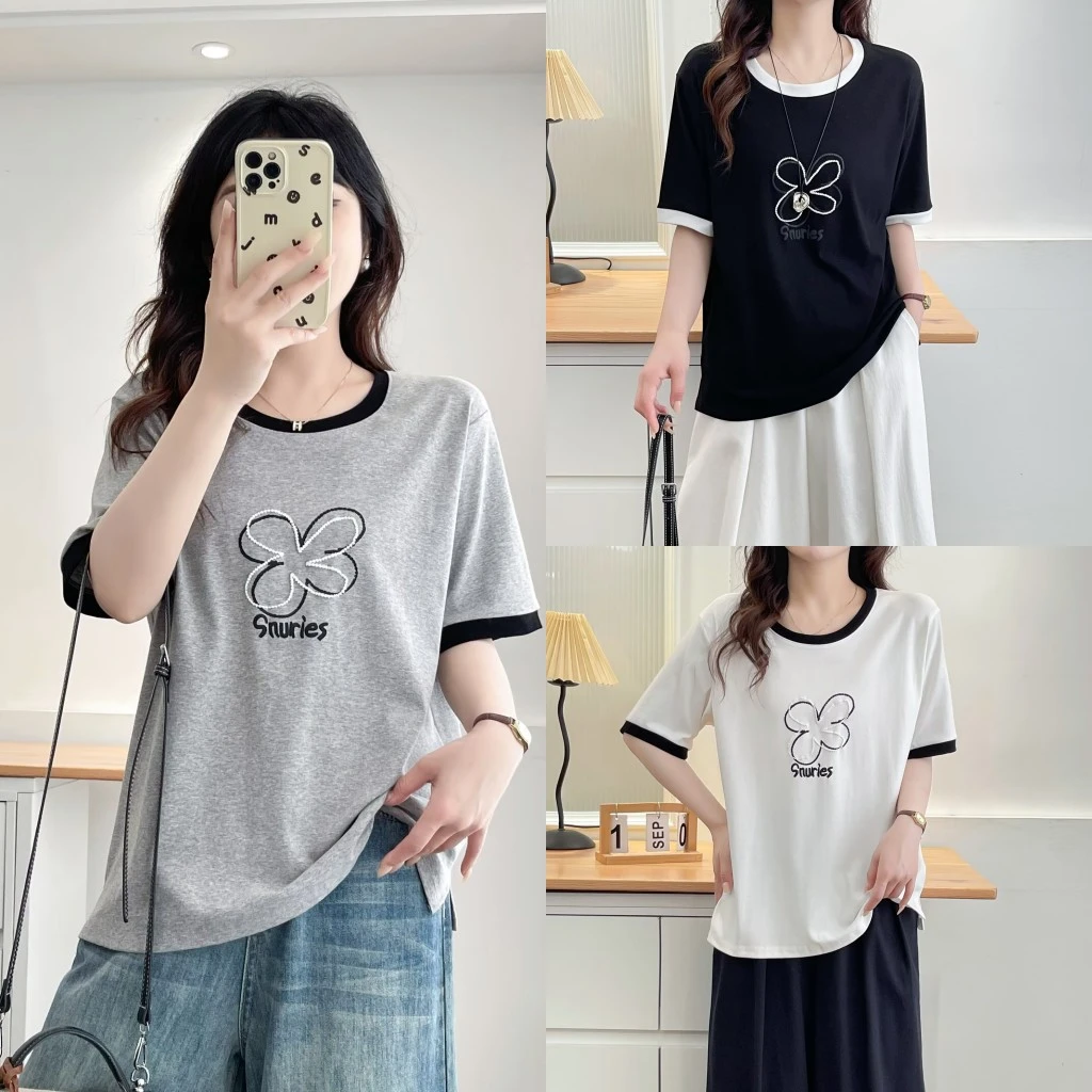 大码胖mm洋气减龄拼色花朵印花短袖T恤夏季新款时尚百搭藏肉上衣