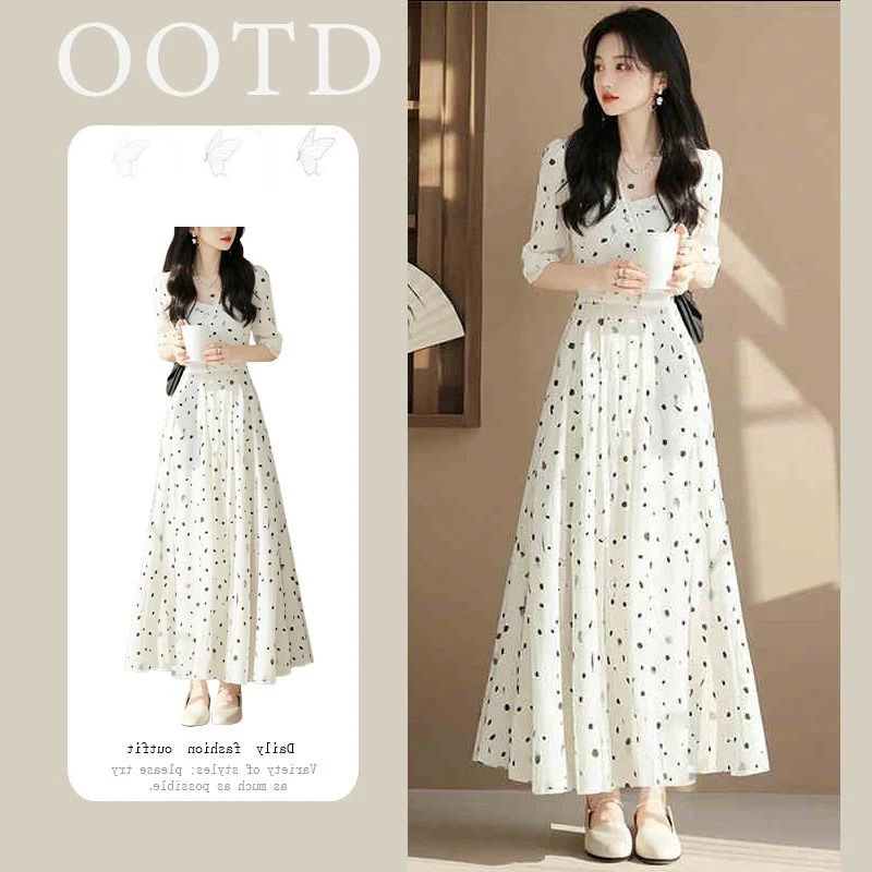 女静奢风气质名媛轻熟连衣裙高级感波点白色连衣裙收腰时尚显瘦新