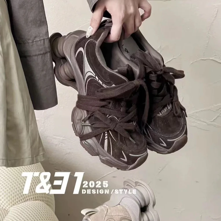 T31正品2025牛皮厚底增高休闲鞋绑带蝴蝶结气柱底个性时尚老爹鞋