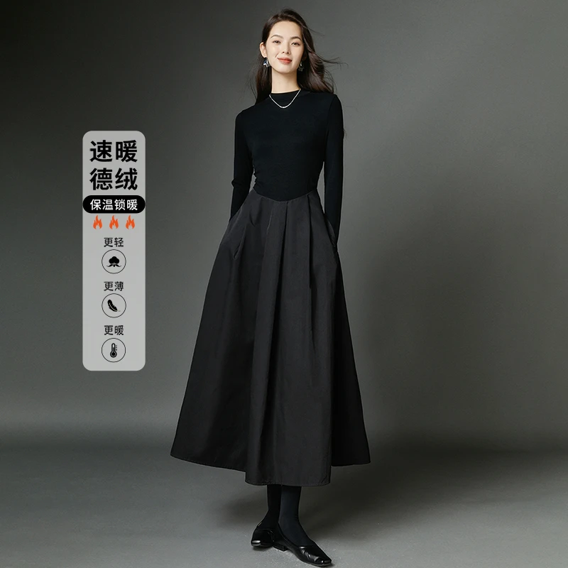 晚白【新品】2025德绒裙子假两件百搭长袖连衣裙25070975