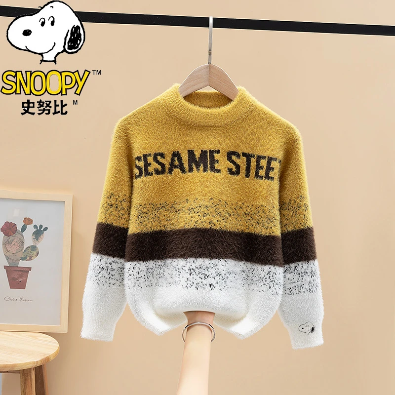 Snoopy/史努比休闲圆领格子长袖薄款毛衣针织衫冬装冬季洋气