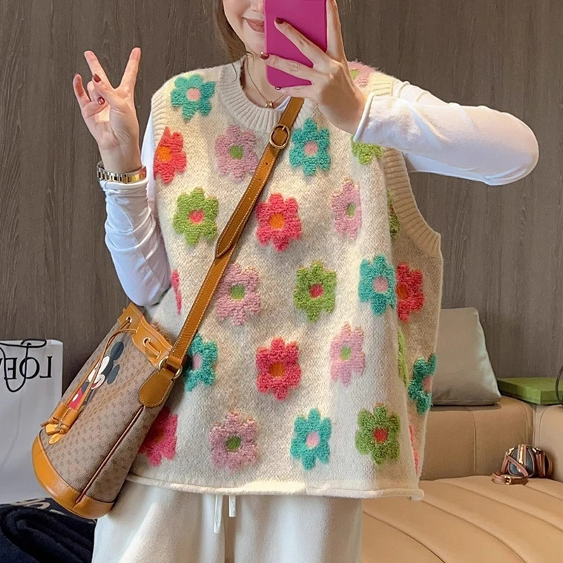 韩国东大门立体花朵宽松大码女装坎肩马夹慵懒风圆领甜美针织马甲