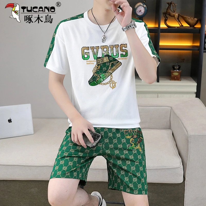 啄木鸟高端刺绣网红短袖套装男潮流时尚夏季高级感男士帅气两件套