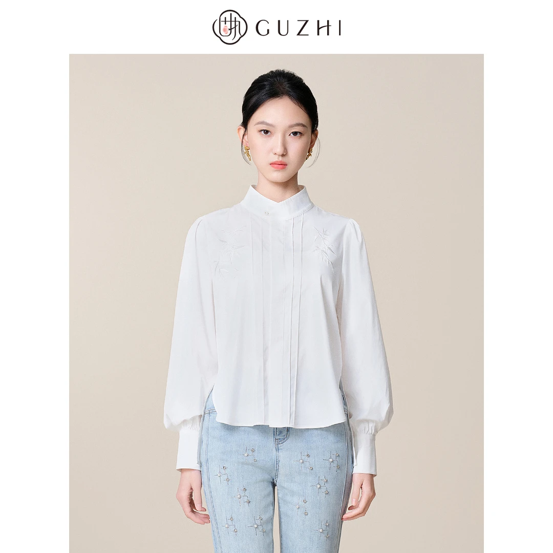 固执2025春季新款新中式立领刺绣长袖衬衫女装
