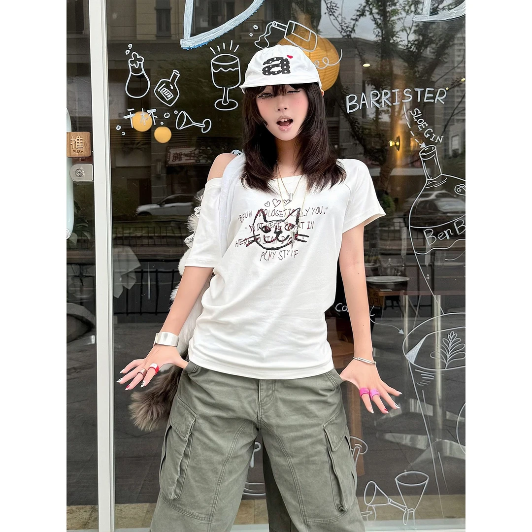 100%纯棉美式可爱卡通搞怪猫咪斜肩短袖T恤女夏季设计感露肩上衣