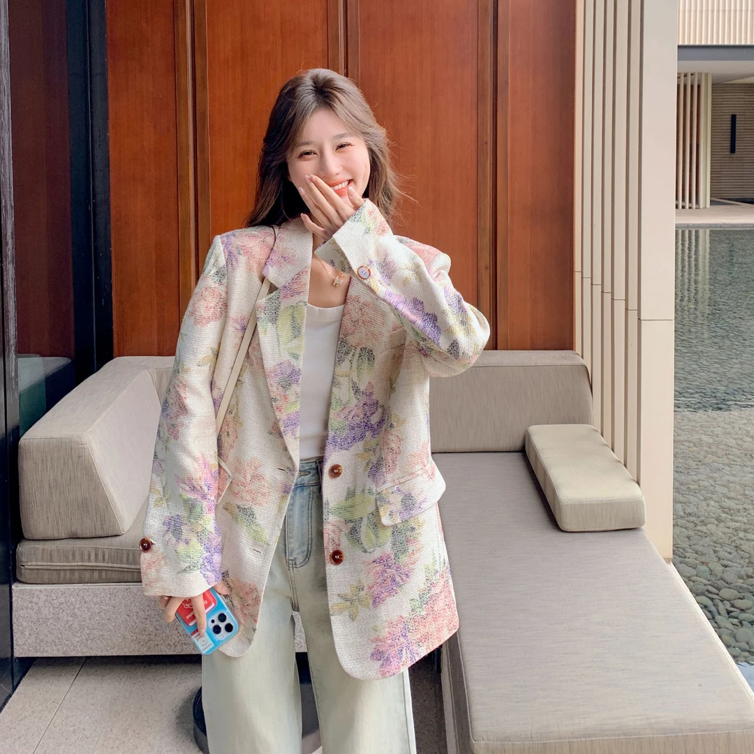 粉色印花西服外套女春季2025新款小个子超好看浪漫气质时髦小西装