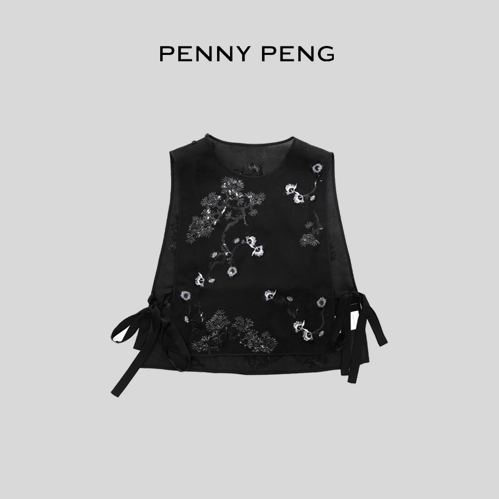 PENNYPENG松竹和鸣早春黑色新中式国风提花桑蚕丝绣花系带马甲