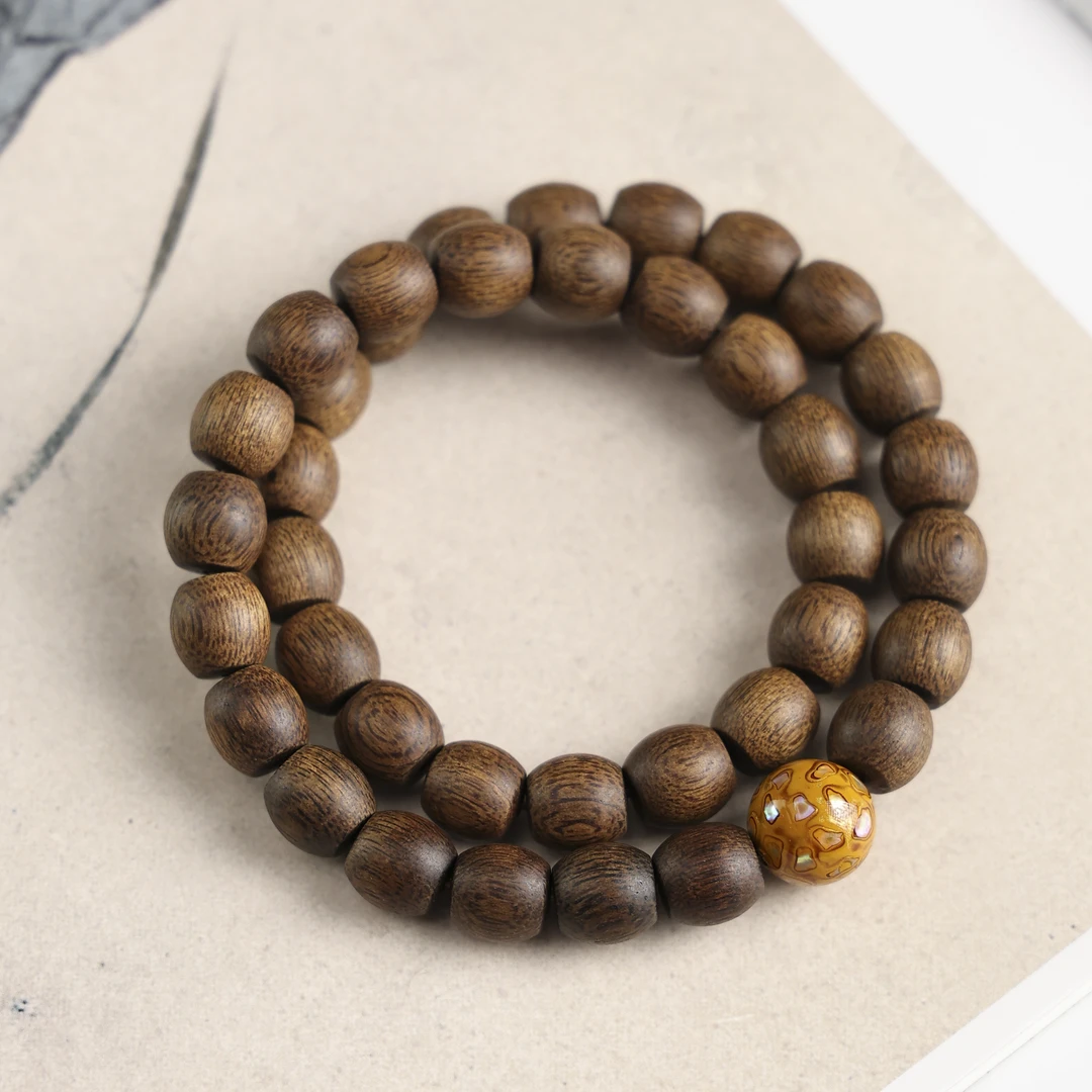 沉香L087越南芽庄玉化老料白奇楠1.0双圈手串配大漆珠款