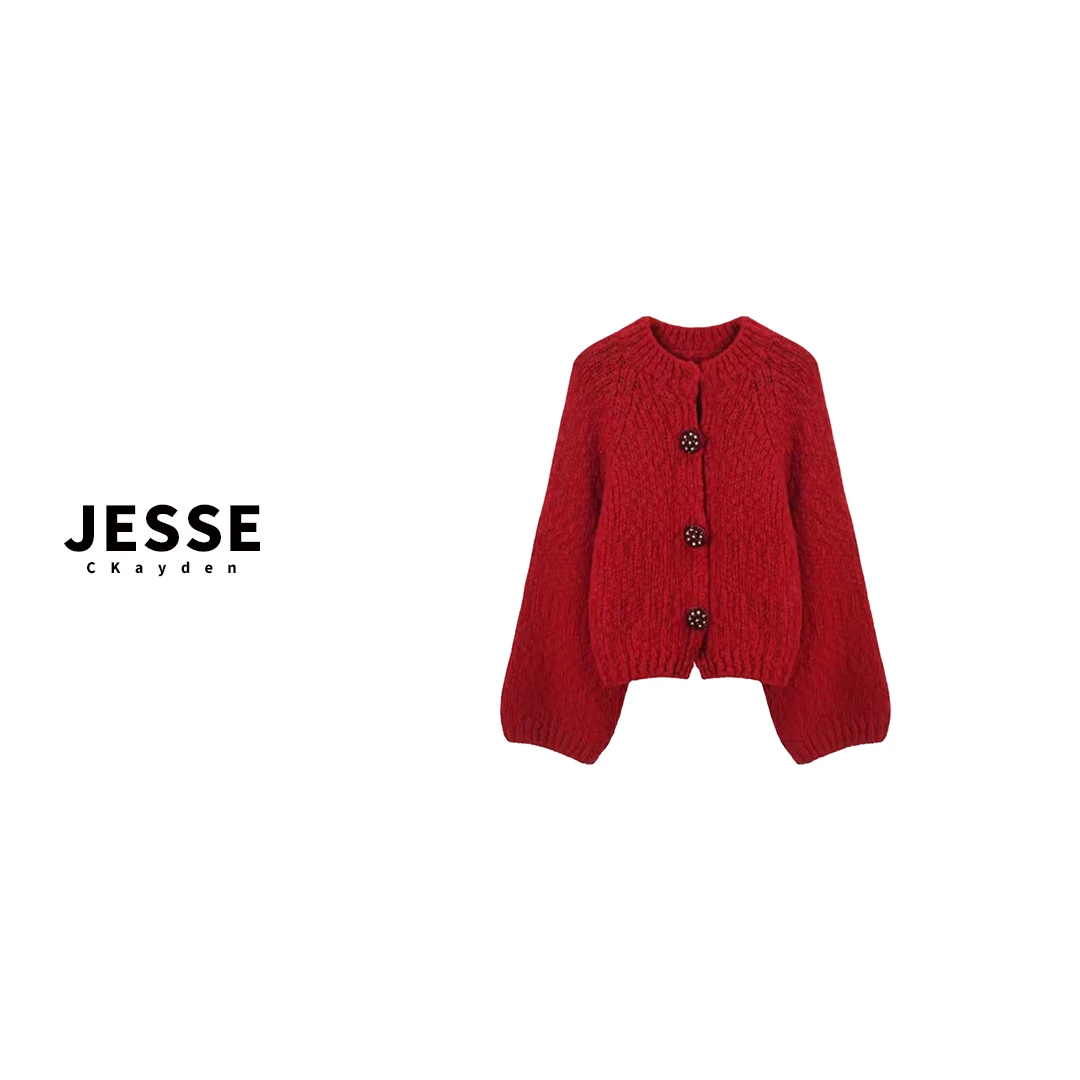 红色休闲长袖针织常规款冬季毛针织衫宽松圆领上衣SS0647