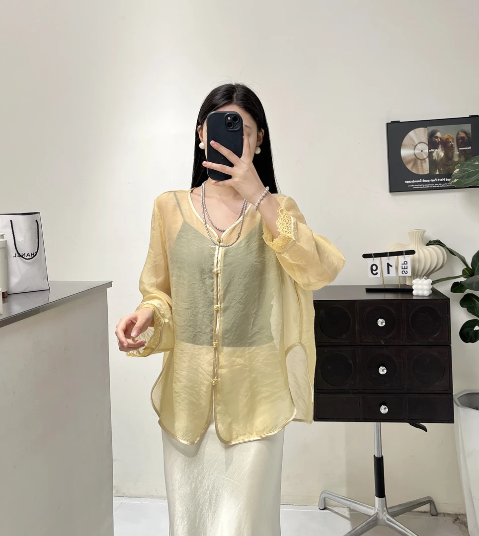 x夏季国风纯色开衫女蕾丝袖口拼接上衣打底防晒衫HQS-106