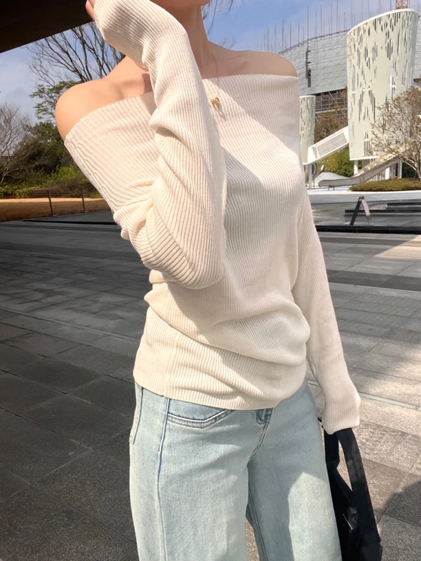 Anhui 【春夏新款】长袖针织薄款一字肩气质弹力上衣