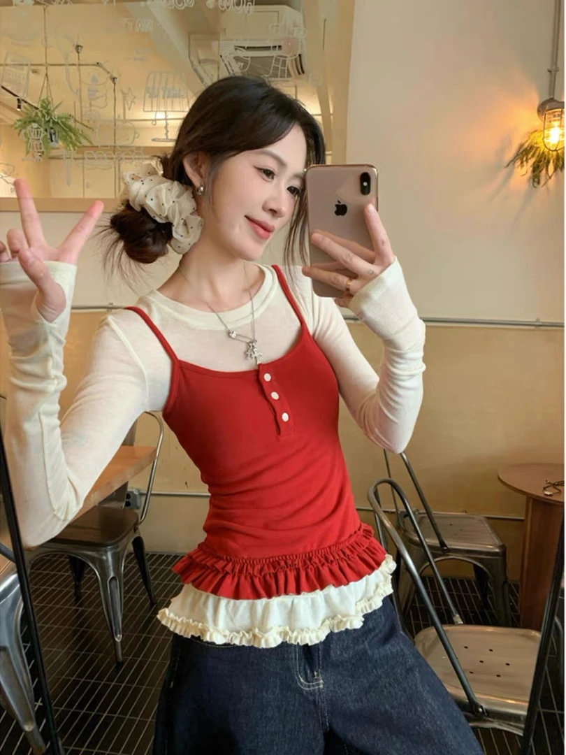 老赵服饰 双层花边吊带➕花边打底上衣两件套套装 21AU3134