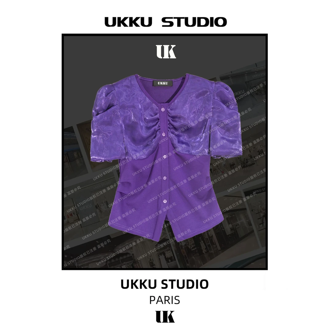 大美【UKKU STUDIO】法式气质高级泡泡袖收腰显瘦短袖T恤女614016