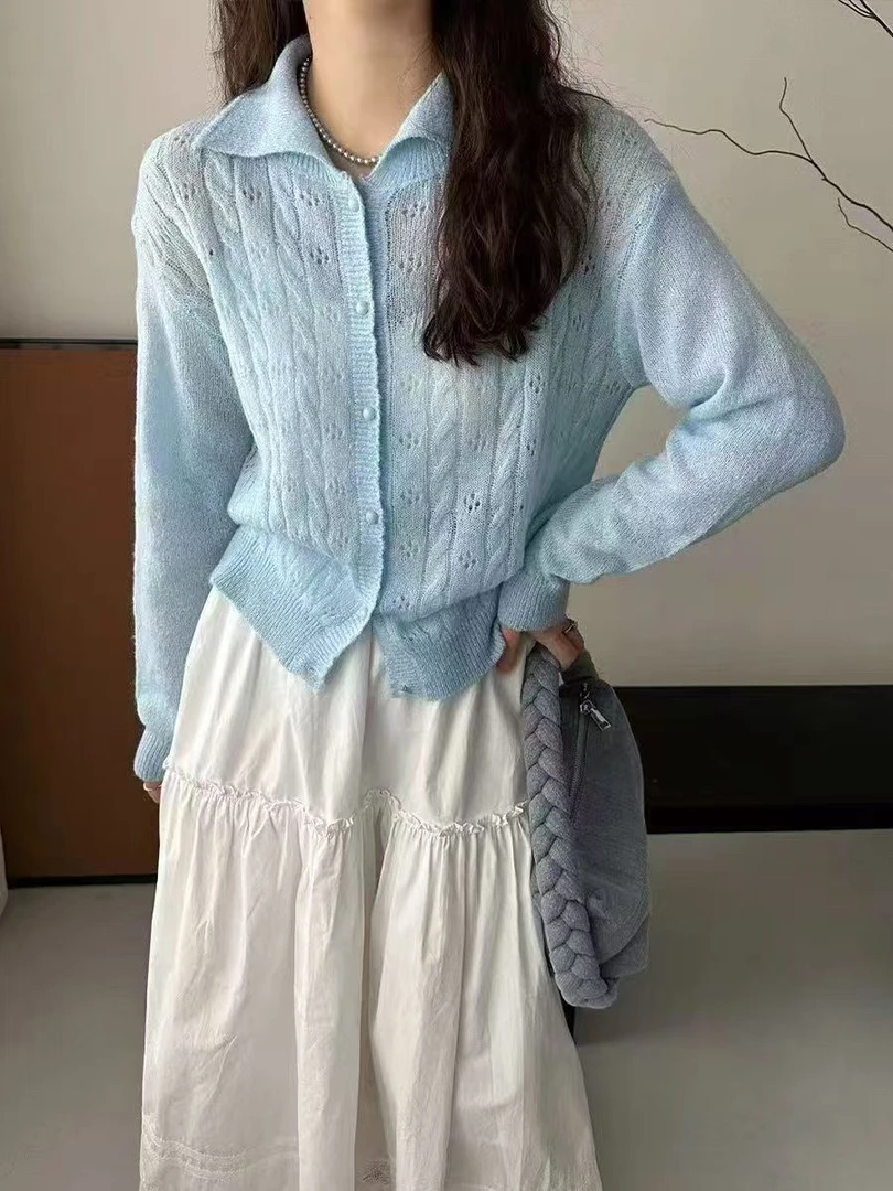 韩早春翻领单排扣细麻花简约清新显瘦百搭女针织开衫9541