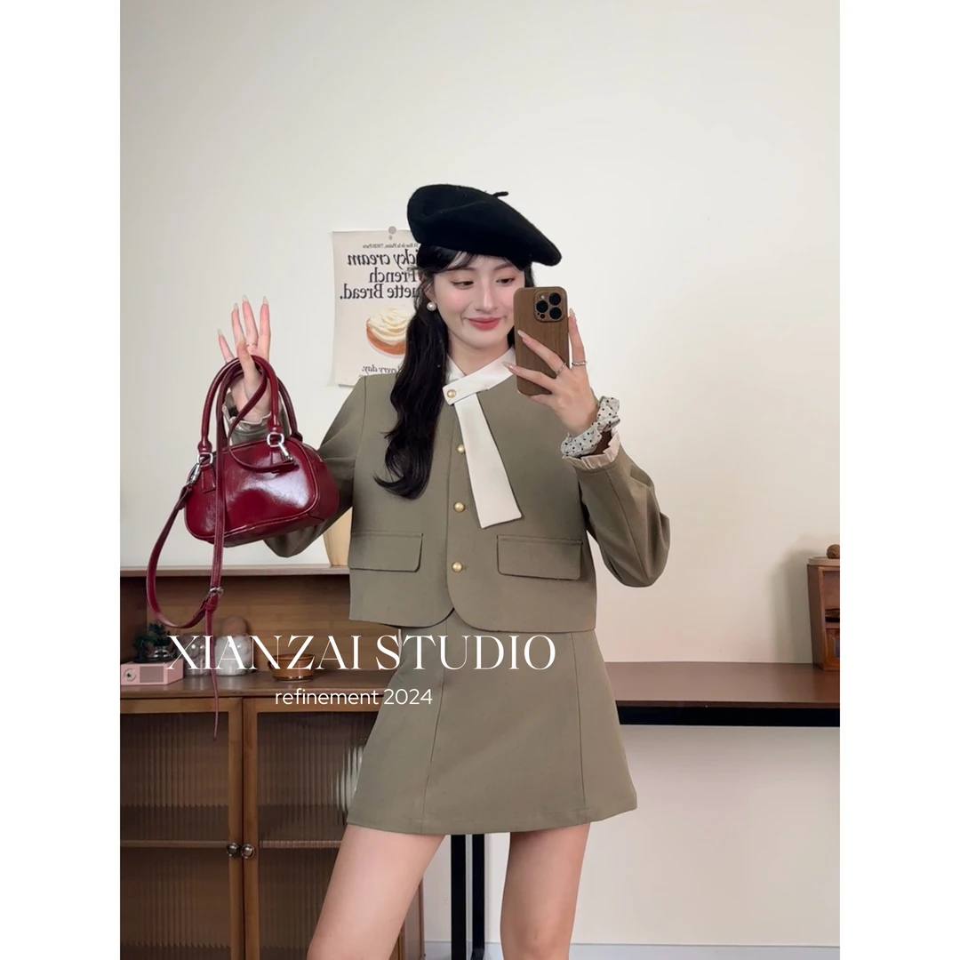 XIANZAI【西洋丁香】早秋新款韩系宫廷风飘带西装外套+短裙两件套装