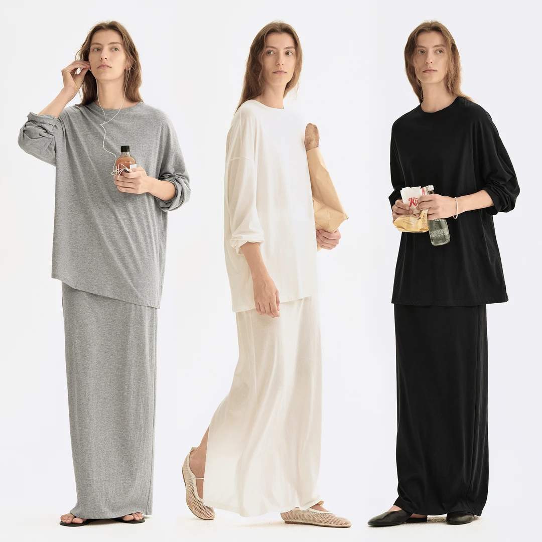 白弓BAIGONG/2025新款极简圆领亲肤舒适T恤套装53953X