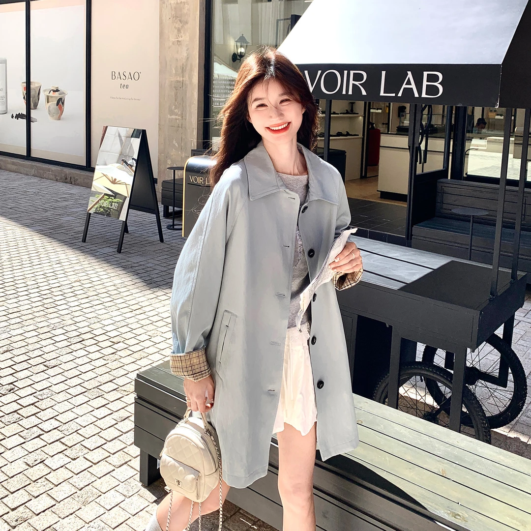 巨好看的早秋风衣外套女2025新款韩系格纹拼接中长款宽松休闲大衣
