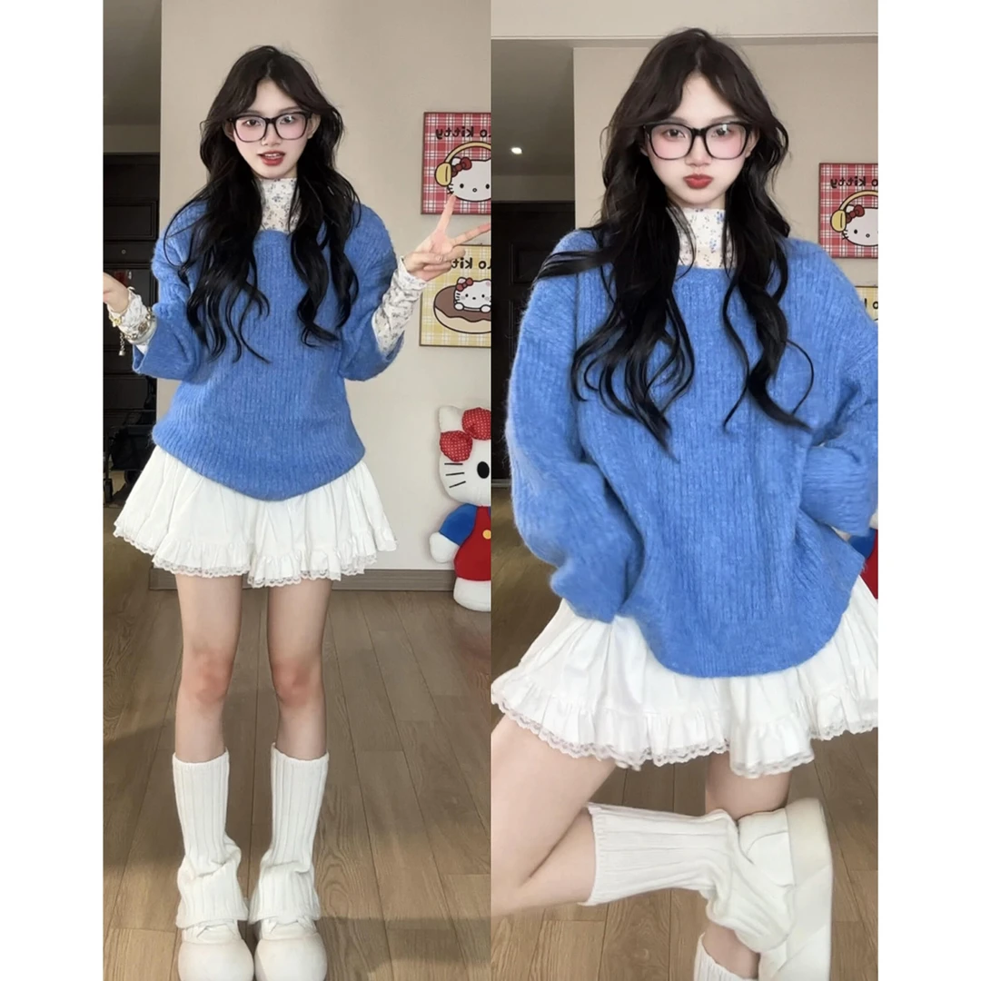 韩系跨年穿搭2026新款秋冬季针织上衣两件套保暖甜美蓝色毛衣套装