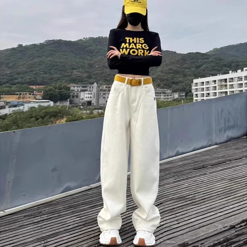 白色美式弯刀牛仔裤女2025秋季新款大码小个子宽松显瘦直筒阔腿裤