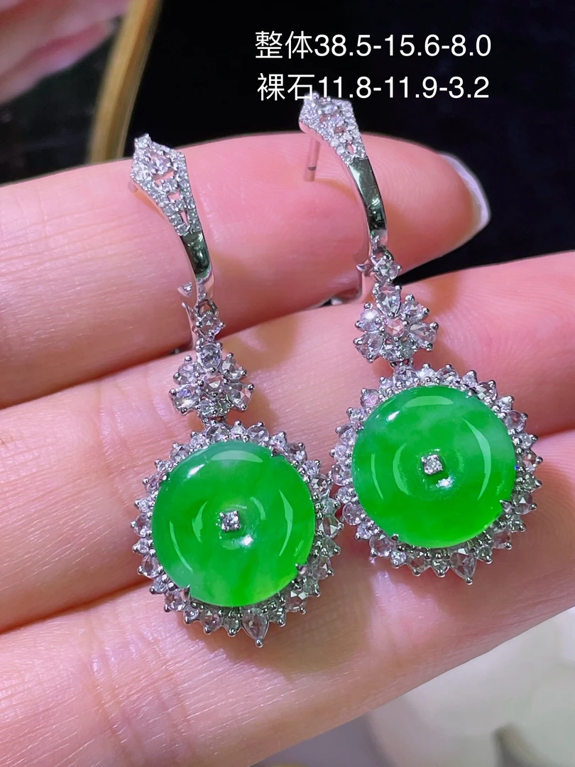 翠翠笙 天然缅甸翡翠A货 满绿平安扣耳坠 18k金镶嵌钻石 细腻水灵