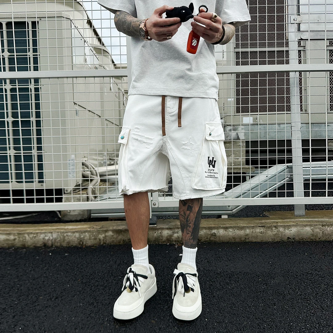 【UNAPS】8颗绿松石工装短裤男女美式复古刺绣多口袋松紧腰五分裤子