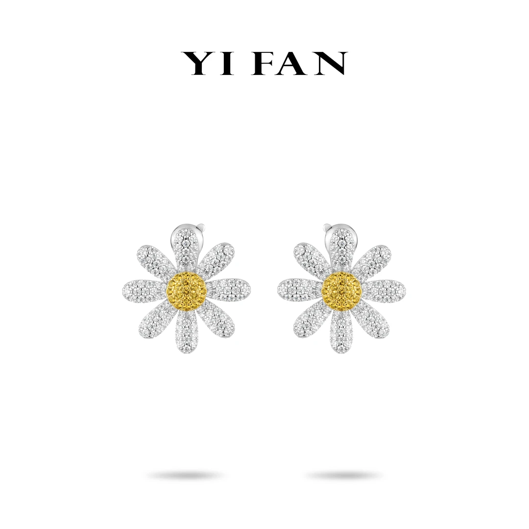 925银合成锆石耳饰 30375-（小雏菊）黄白满钻太阳花豪镶百搭耳环