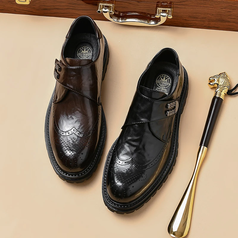 1716皮鞋男一脚蹬英伦布洛克雕花时尚男士休闲百搭潮流软底孟克鞋