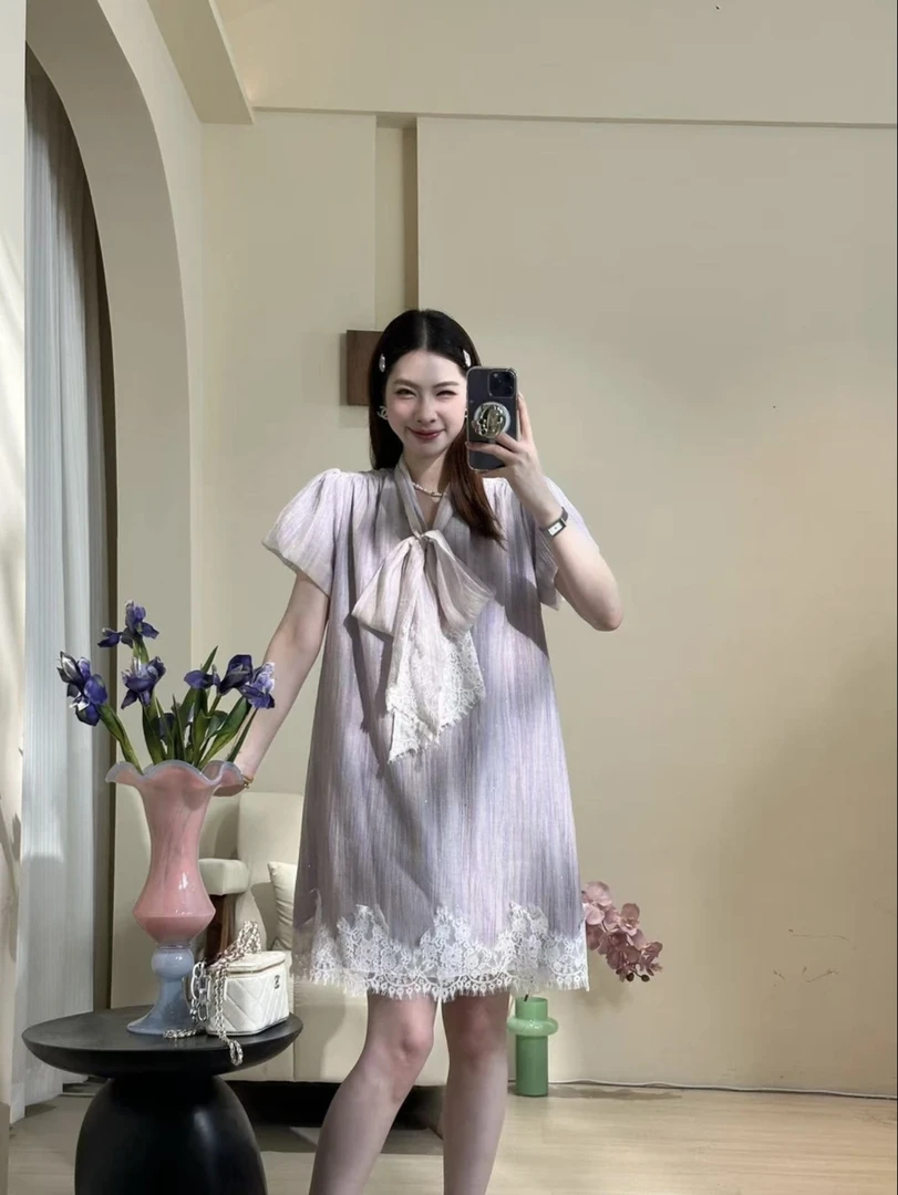 十一原创【日落公园】连衣裙 淡紫色蕾丝拼接欧若风时尚气质显瘦