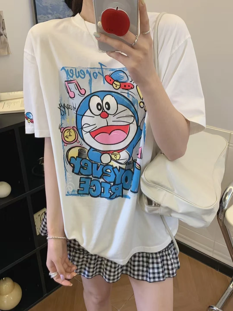 夏季Foreverrice纸袋家2535金喜卡通哆啦无感水印花棉圆领半袖T