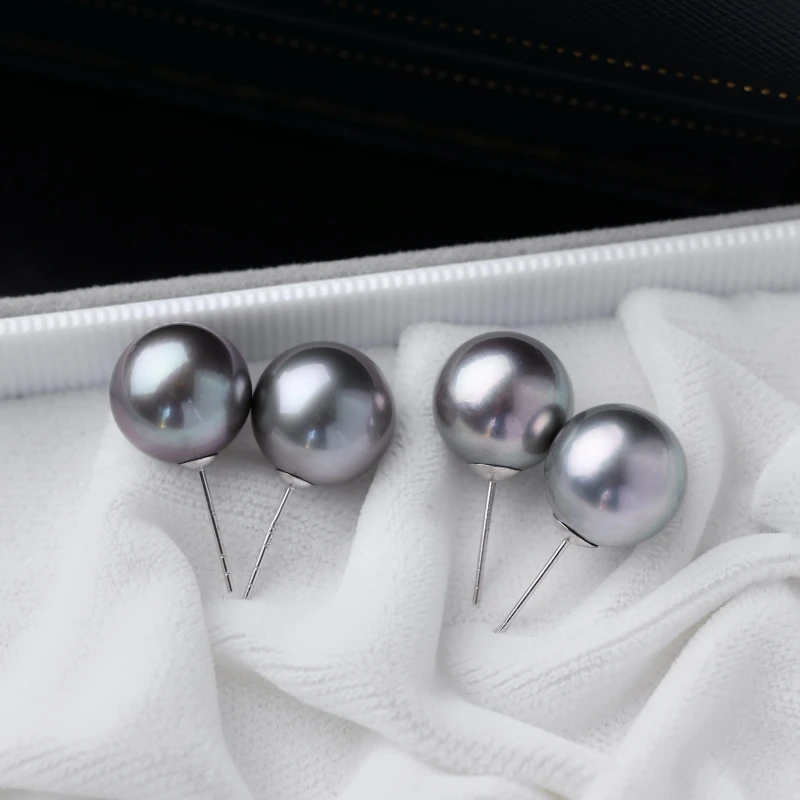 海水大溪地铂金灰珍珠耳环11-13mm18k金珠宝素耳钉*多样性发一对
