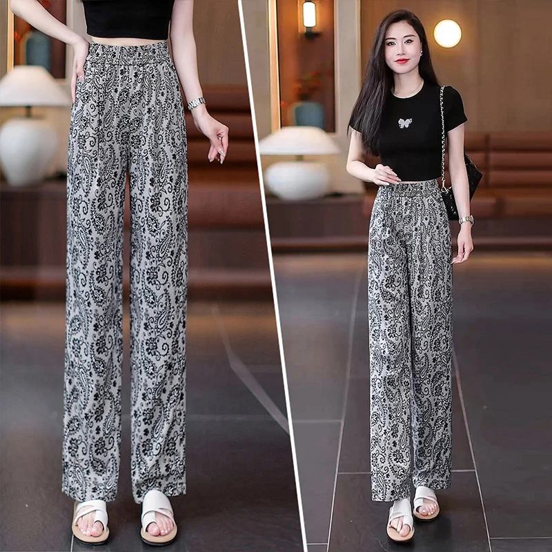 时尚亚麻腰果花直筒阔腿裤女薄款2025夏季新款高腰显瘦百搭休闲裤