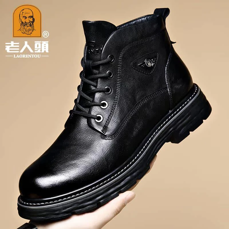 老人头男鞋冬季真皮高筒棉鞋男真皮保暖加绒防滑厚底中老年爸爸鞋