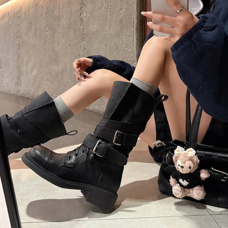 【邓老师】牛皮/3.5cm/新款方头短靴女毒液靴秋季机车靴中筒皮带扣