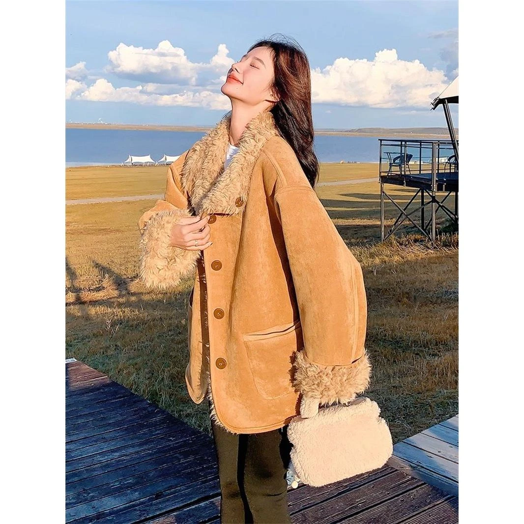 棕色仿皮毛一体羊羔毛外套女冬2025新款韩系小个子加厚绒保暖棉服