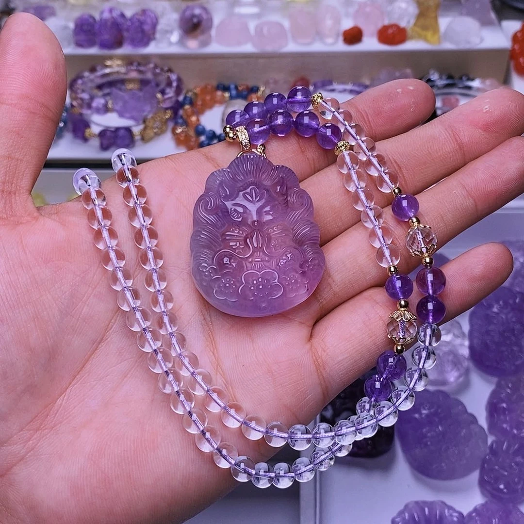 水晶颈饰未镶嵌快*紫水晶许愿狐吊坠 送链子