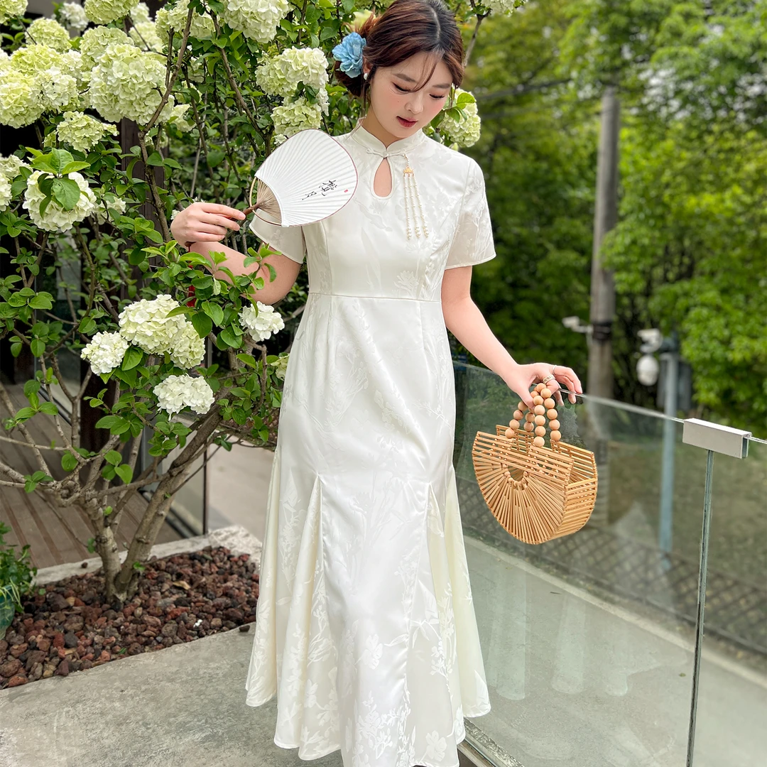 【夏天来了--】运补-8-缎面显瘦提花鱼尾新中式连衣裙 0695