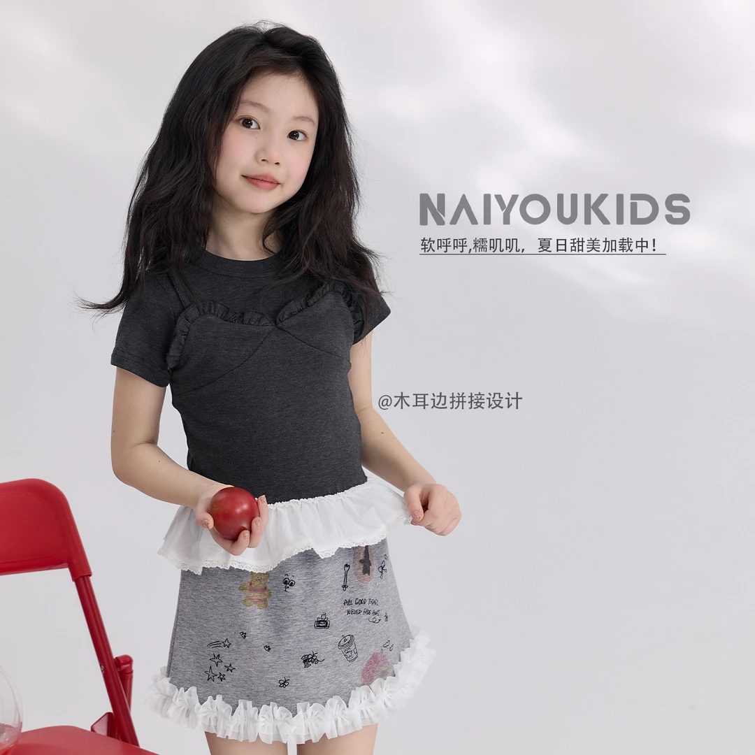 【真真假假6】女童上衣2025夏季新款假两件时尚立体短袖T恤Y6457